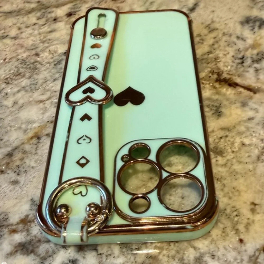 iPhone 13 Pro Mint Green & Gold Heart Phone Case with stand and ring attachments - Picture 5 of 9